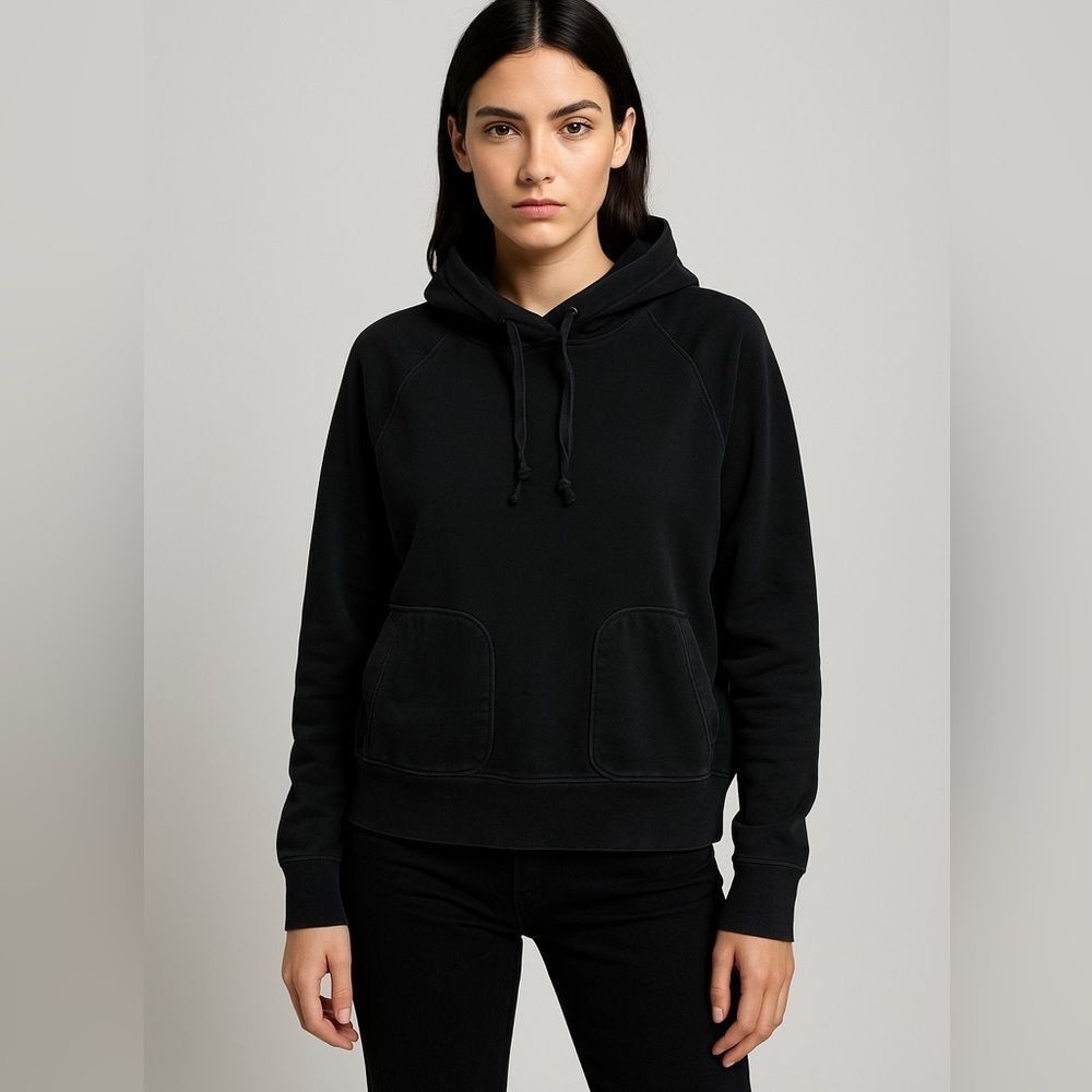 T Alexander Wang Black Leather Trim Mock Neck Pullover Hoodie Sweatshirt M